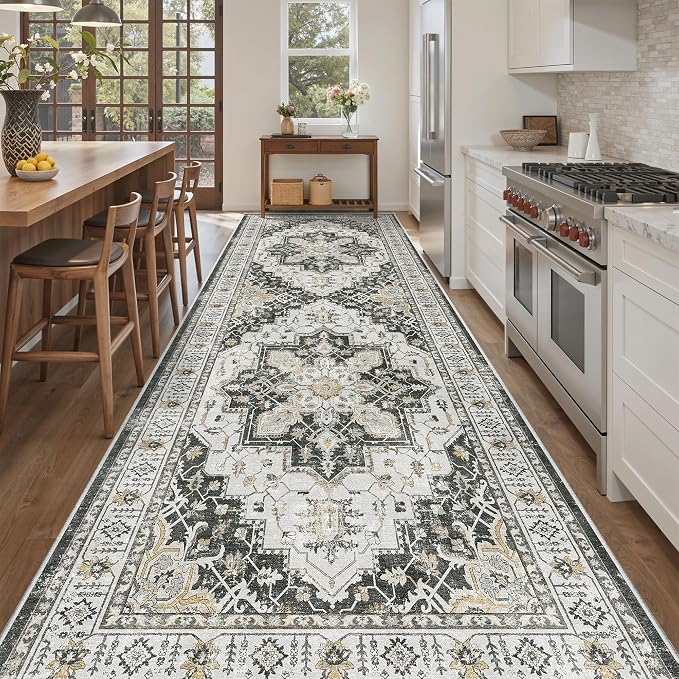 Madane 4x12 Wide Hallway Runner Rug Washable for Living Room, Black | Soft Stain Resistant Ktichen Runners 12ft, Vintage Non Slip Low Pile Area Rugs, Thin Floor Carpet for Bathroom Dining Bedroom