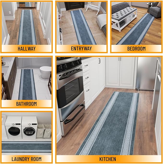 Ottomanson Aisle Runner Rug 2'7" x 26' – Soft Non-Slip Rug, Low Pile Carpet for Hallways, Events, Churches & Extra-Long Indoor Spaces, Greek Border Greyish Blue