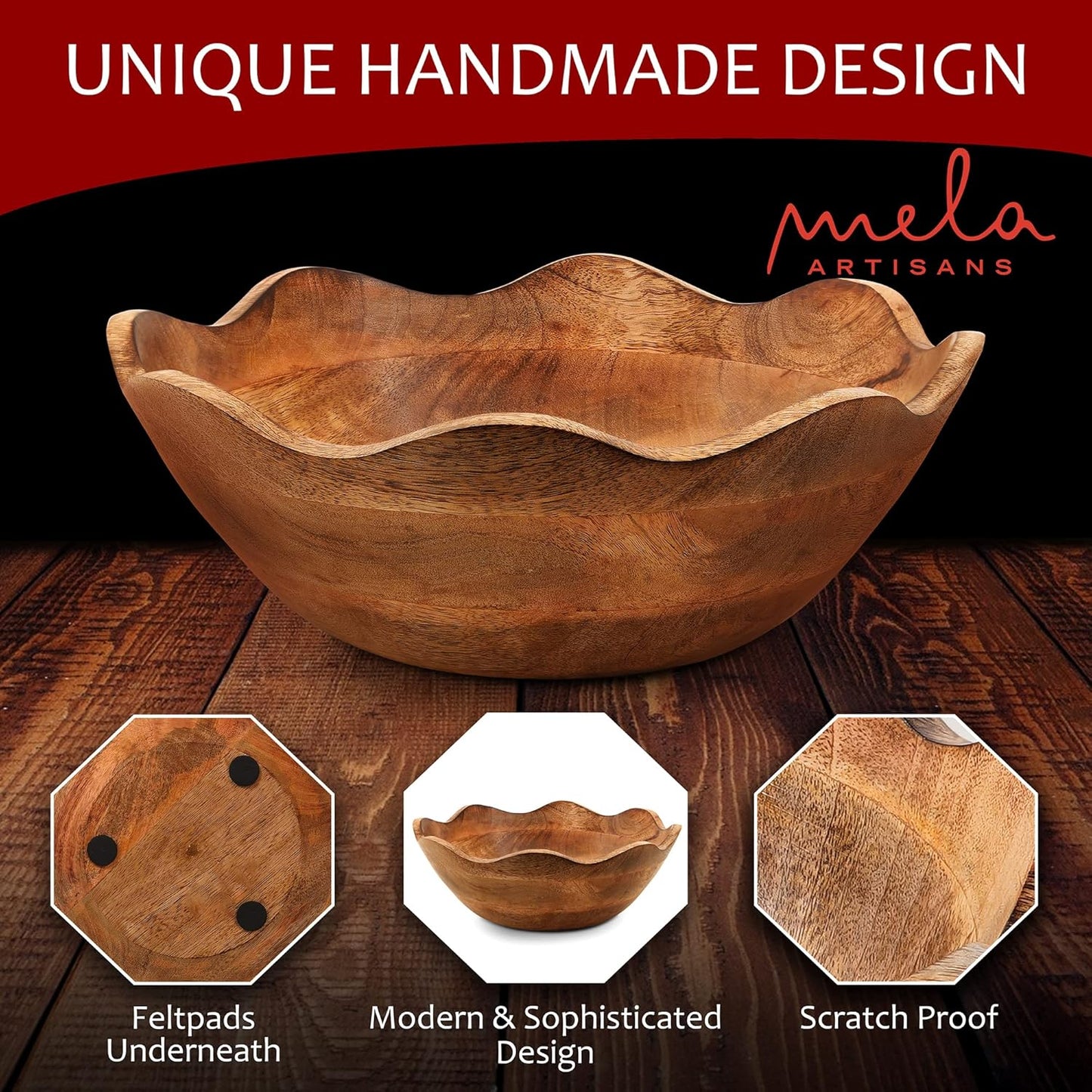 Mela Artisans Wooden Scalloped Bowl - Large | Ruffle Decorative Style | Rustic Kitchen Decor | Mango Wood | Natural Grain Finish | Fits Bread, Fruits, Salad or Popcorn | 12” x 4” x 11”