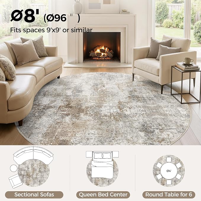 WITSHOCK Area Rugs 8ft Round Living Room Rug - Washable Neutral Soft Low Pile Non-Slip Modern Abstract Thin Large Indoor Carpet for Bedroom Dining Room Nursery Office - Light Brown Grey