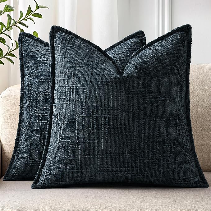 decorUhome Chenille Throw Pillow Covers 22x22 Set of 2, Thick Textured Slubby Neutral Decorative Pillow Covers with Elegant Design for Couch, Sofa, Living Room, Dark Teal