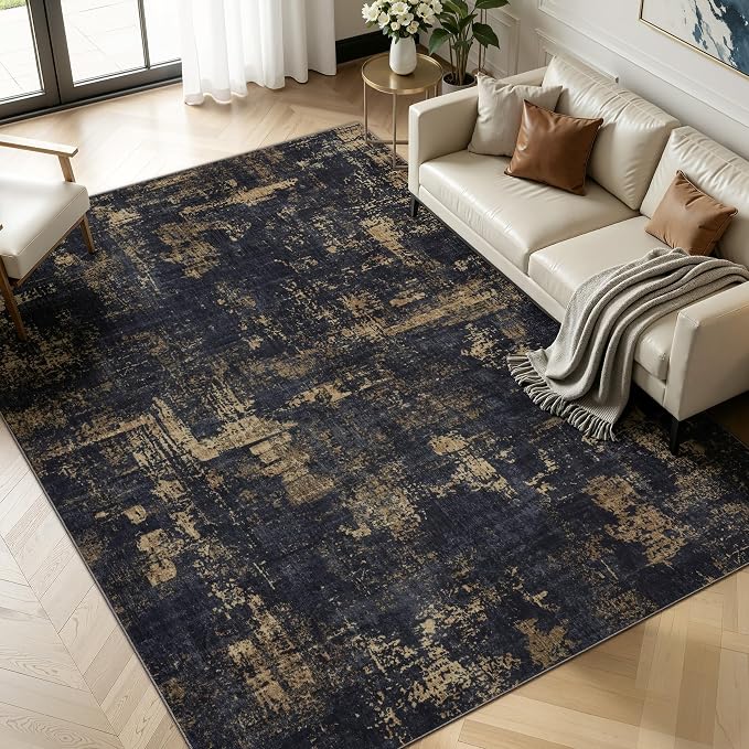 Sasttie 8x10 Soft Area Rug for Living Room, Modern Abstract Washable Large Carpet for Bedroom, with Non-Slip Backing, Black and Gold