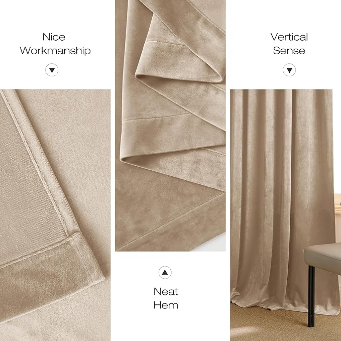 NICETOWN Beige Velvet Curtains 84 inches 2 Panels Set, Thermal Insulated Heavy Matt Rod Pocket Room Darkening Drapes, Privacy Protect Panels for Living Room