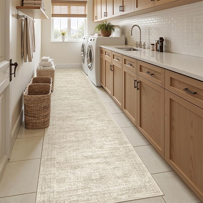 Soalmost Runner Rug 2x12 Washable Non-Slip Hallway Runner Rugs for Kitchen Bathroom Laundry Room Beige Vintage Floor Carpet Runners for Hallways Entryway