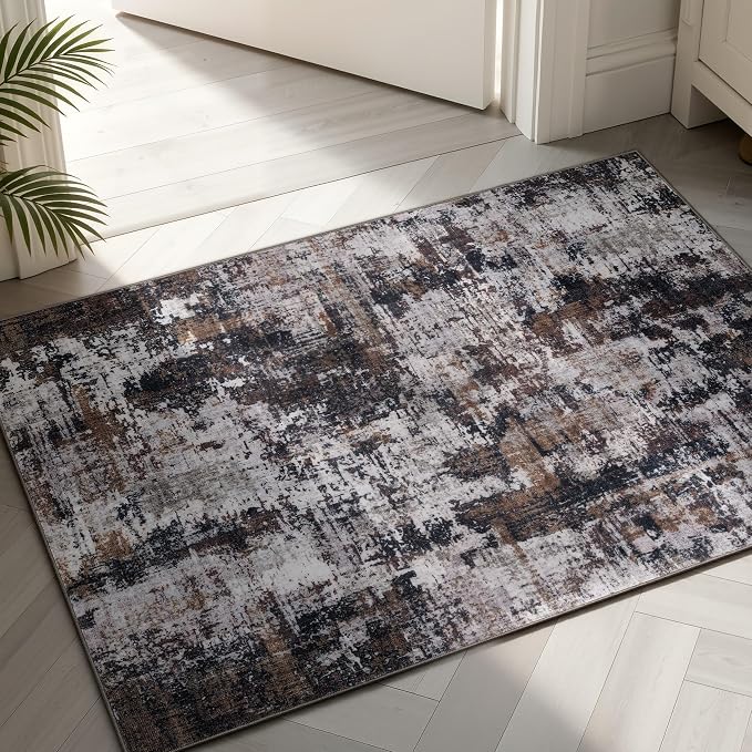 Sasttie 2x3 Area Rug for Entryway, Washable Modern Abstract Small Carpet for Living Room Bedroom Door-mat, Soft Entry Rug with Non-Slip Backing, Black and Brown
