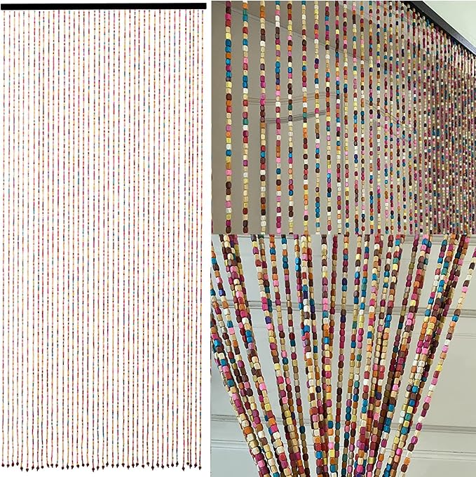 Rainbow Wooden Bead Curtain 36” x 79” – 41 Strands Colorful Boho Doorway Curtain, Bamboo Style Room Divider, Easy Install Hanging Beads for Door, Window & Home Decor(Rainbow)