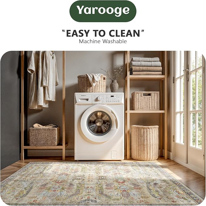 8x10 Area Rugs, Vintage Retro Soft Washable Rug, Non-Slip Low Pile Rugs for Living Room, Bedroom, Dining Room, Stain Resistant Home Decor Rug (Vintage Ivory/Multi)