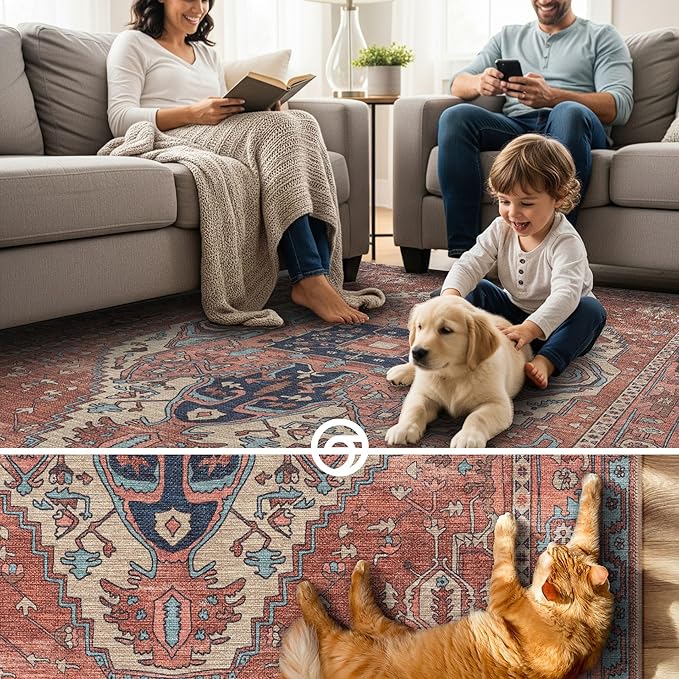 Brick Color Oushak Large Area Rug 8x10 - Washable Boho Rug Vintage Turkish Non-Slip Carpet Non-Shedding Extra Large Area Rugs for Living Room, Dining, Bedroom, Lounge, Farmhouse
