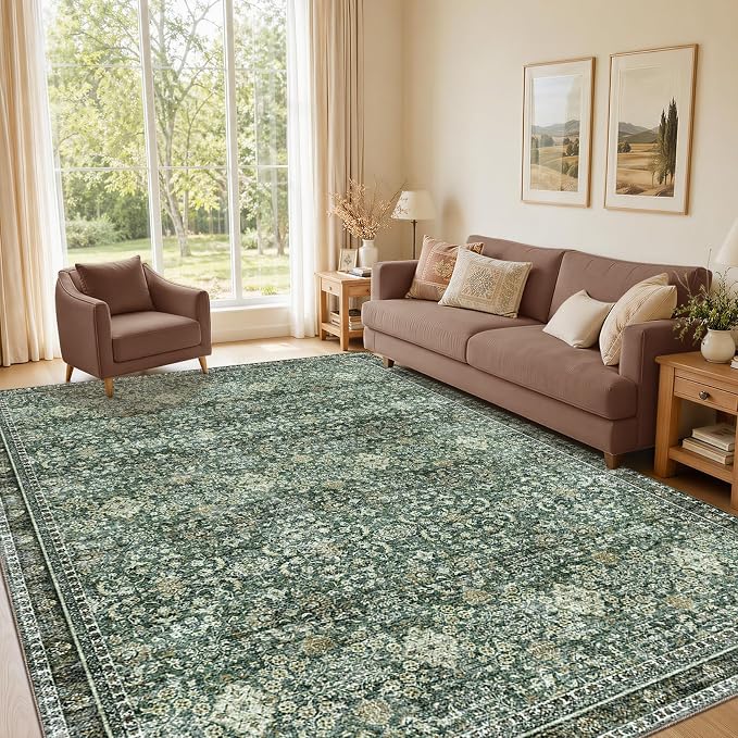 Sasttie 4x6 Area Rug, Ultra-Soft Washable Rug, Low Pile Foldable Thin Carpets with Non-Slip Backing, Skin-Friendly Stain Resistant Carpet for Living Room, Bedroom, Kitchen, Dorm, 4x6, Dark Green