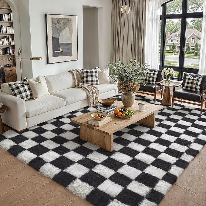 PureCozy Checkered Rug 5x7 for Living Room, Black and White Modern Shag Rugs Super Soft Washable Indoor Office Fuzzy Carpet Non-Slip Fluffy Rugs for Bedroom Home Aesthetic Decor