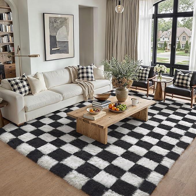 PureCozy Checkered Rug 5x8 for Living Room, Black and White Modern Shag Rugs Super Soft Washable Indoor Office Fuzzy Carpet Non-Slip Fluffy Rugs for Bedroom Home Aesthetic Decor