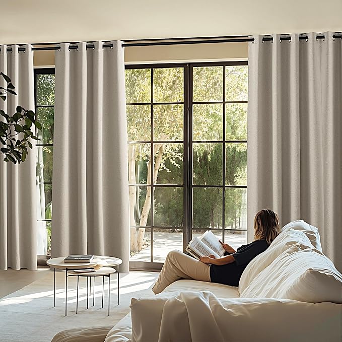 NICETOWN 100% Blackout Curtains for Bedroom 84 inches Long, Thermal Insulated & Noise Reducing Draperies for Living Room, Double Sided Faux Linen Curtains for Farmhouse, W52 x L84 in, 2 Panels, Beige