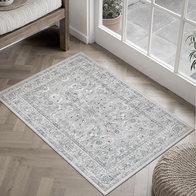 PureCozy Gray 2x3 Area Rug Entryway Washable Vintage Carpet Door Mat Small Indoor Non Slip Soft Low Pile Thin Stain Resistant Distressed Accent Throw Rug for Kitchen Bathroom Entrance Bedroom