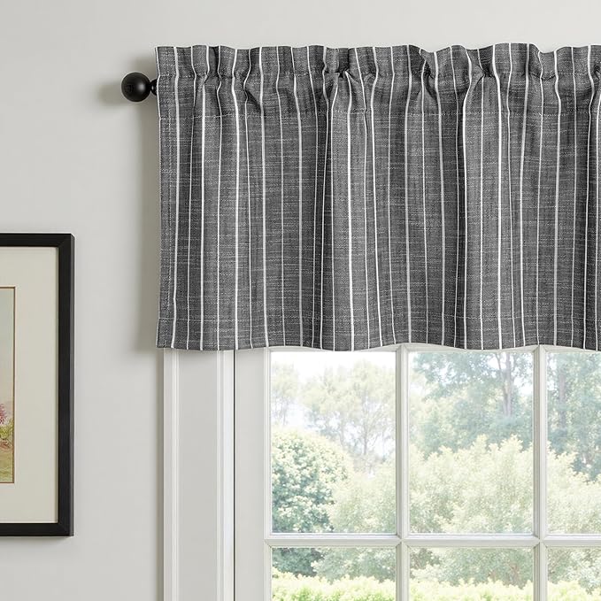 DriftAway Stripe Blackout Linen Curtain Valance Double Layer Farmhouse Country Rustic Hygge Stripe Yarn Dyed Woven Thermal Insulated Rod Pocket Valance W52 x L18 Black