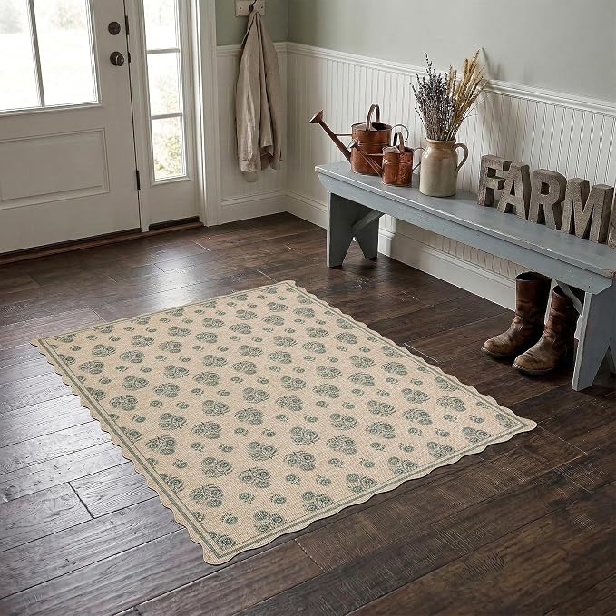ORTIGIA Scalloped Easy Jute 3x5 Area Rug Vintage Green Floral Accent Farmhouse Washable Rug Non-Slip Indoor Outdoor Carpet for Living Room Bedroom Kitchen Patio Entryway