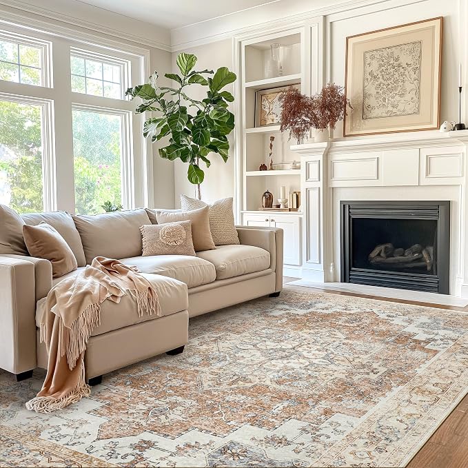 GENIMO 5x7 Area Rugs for Living Room, Machine Washable Non Slip Rugs, Low Pile Lightweight Vintage Print Rug for Bedroom, Dining Room, Home Office, Orange&Beige