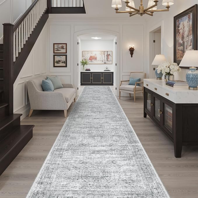 Soalmost Hallway Runner 3x14 - Runner Rugs 14ft Washable Entryway Rug Vintage Kitchen Runners Non Slip Indoor Rug Farmhouse Carpet Runner for Bathroom Living Room Bedroom, Grey