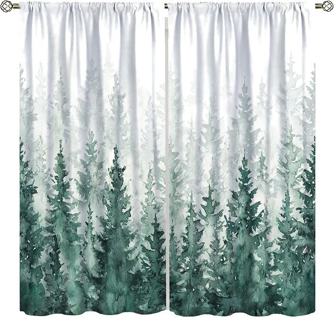 Green Forest Curtains, Watercolour Nature Misty Simple Pine Tree Tree Forest Plant Blackout Windows Treatments, Thermal Insulated Drapes for Kids Boys Girls Living Room Bedroom 63x72in