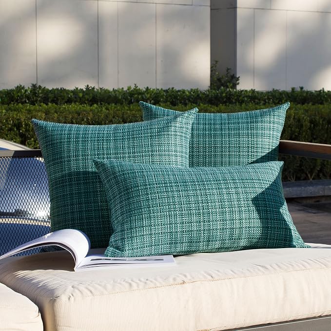 Kevin Textile Pack of 2 Decorative Outdoor Waterproof Throw Pillow Covers Stripe Square Pillowcases Modern Cushion Cases for Patio Couch Bench 18 x 18 Inch Teal