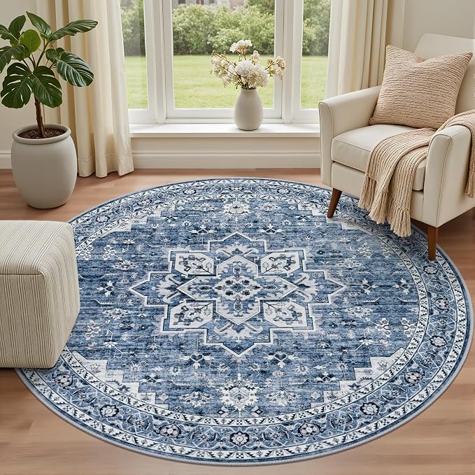 Round Area Rug for Living Room: 4 ft Washable Vintage Boho Soft Thin Circle Rug Indoor Floor No Slip Stain Resistant Carpet for Bedroom Dining Room Farmhouse Nursery Home Office - Blue