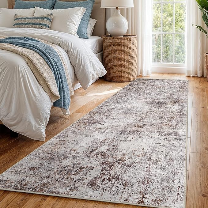 3x7 Washable Hallway Runner Rug – Abstract Non-Slip Mat with Rubber Backing Indoor Modern Runner Rugs Low-Pile Soft Carpet for Kitchen, Bedroom, Entryway, Hardwood (Brick Gray, 3x7)