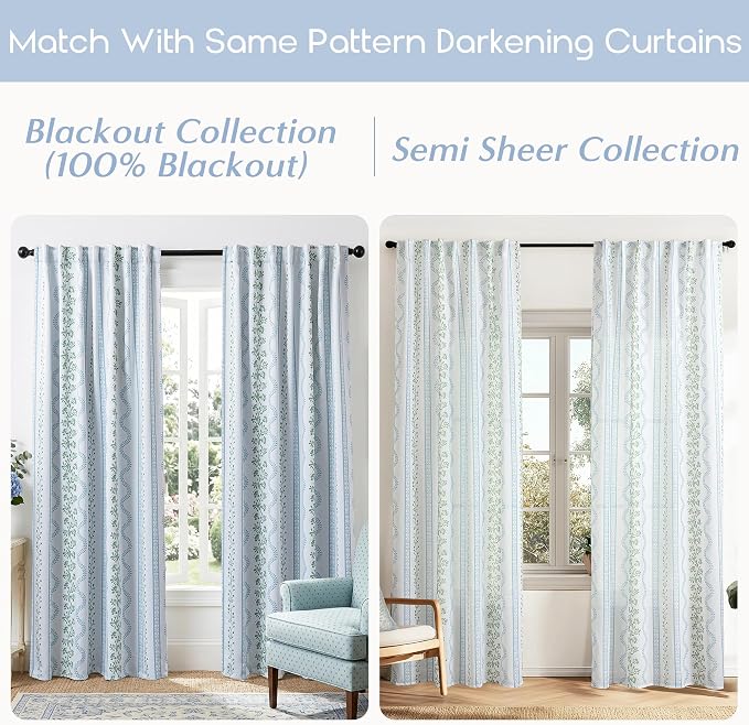 Light Blue Green Floral Vintage Curtains, Cute Whimsical Shabby Chic Curtain for Living Room Bedroom, Block Print Pattern Linen Sheer French Country Cottage Core Curtains