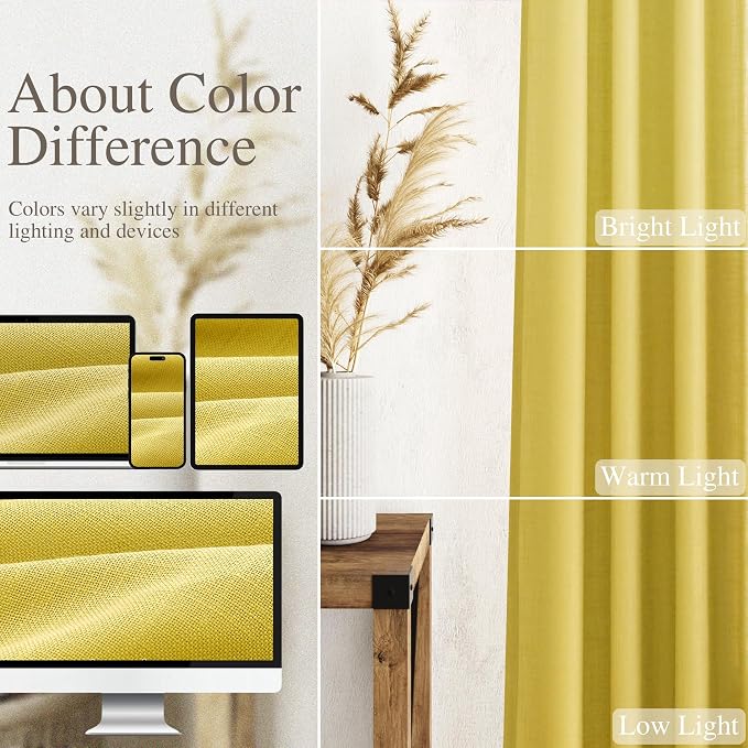 Nanspring Celery Yellow Linen Curtains 84 Inch Length 2 Panels Set for Living Room Back Tab Light Filtering Semi Sheer Curtain for Bedroom Farmhouse Drapes, 52x84 Inch, 2 Panels
