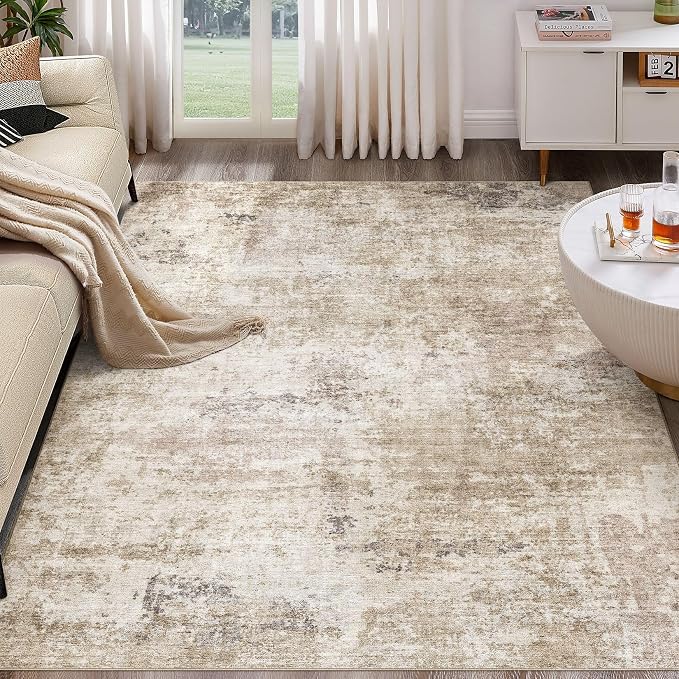 Abstract 9x12 Area Rug: Machine Washable Non Slip Ultra Thin Low-Pile Carpet, Soft Stain Resistant for Living Dining Room Bedroom, Kid Pet Friendly, Robot Vacuum Compatible - Brown
