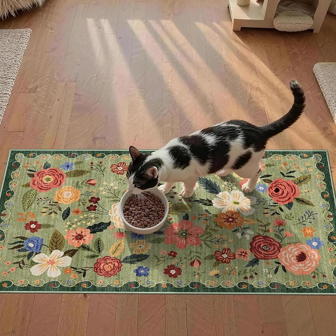 2x4 Washable Runner Rug Kitchen Hallway Area Rug Vintage Boho Floral Ultra Non-Slip Low Pile Soft Faux Wool Carpet Kids and Pets Friendly for Bathroom Bedroom Entryway Nursery Home Rug Light Green