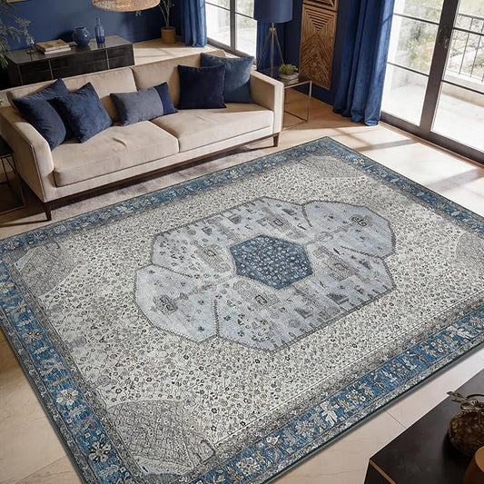 Keen Home Design 8x10 Rug - Machine Washable Area Rug with Non-Slip Backing, Ideal for Living Room, Dining Room, Bedroom - Vintage, Easy Clean, Durable, Low Pile Rug - (8' x 10')