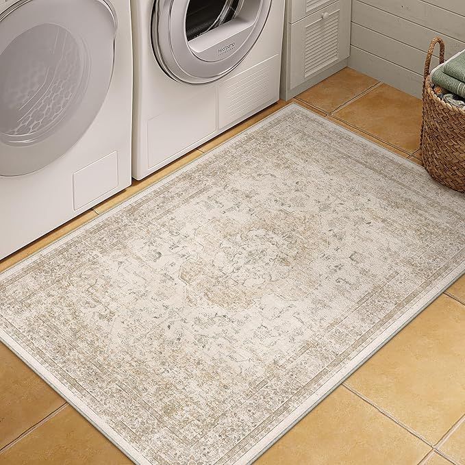 PureCozy Entryway Area Rug 3x4 Washable Beige Vintage Distressed Carpet Oriental Soft Thin Indoor Mat for Office Non Slip Low Pile Throw Rug for Kitchen Bathroom Bedroom Dining Living Room