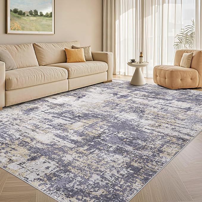 Tortania Area Rug Living Room Rugs - 7x9 Modern Abstract Neutral Large Soft Thin Rugs - Non Slip Indoor Carpet for Bedroom Dining Room Office Nursery Home Floor Decoration - Purple