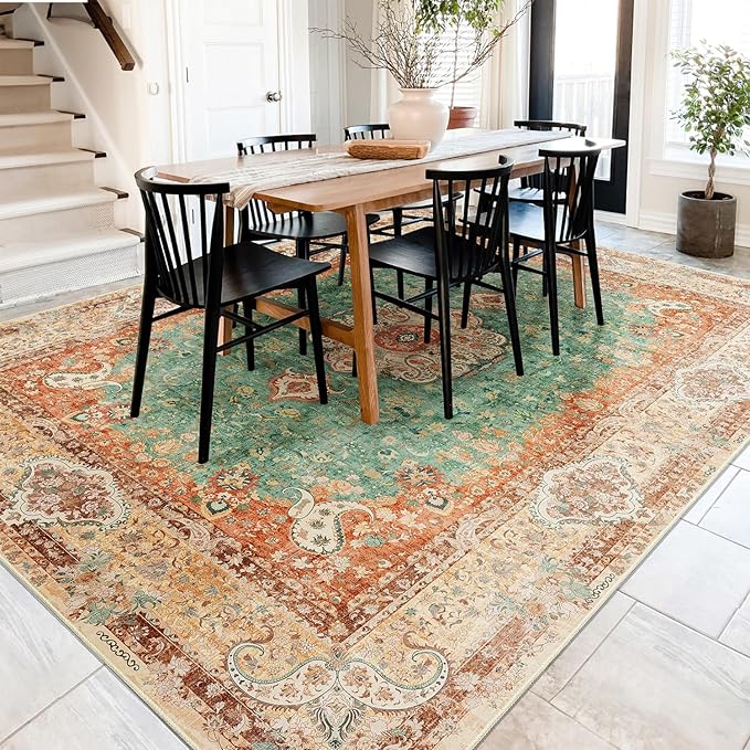 8x10 Area Rugs Washable,Boho Rug for Living Room Bedroom Dining Room,Large Vintage Bohemian Distressed Farmhouse Carpet Non Slip,Retro Orange Green Floral
