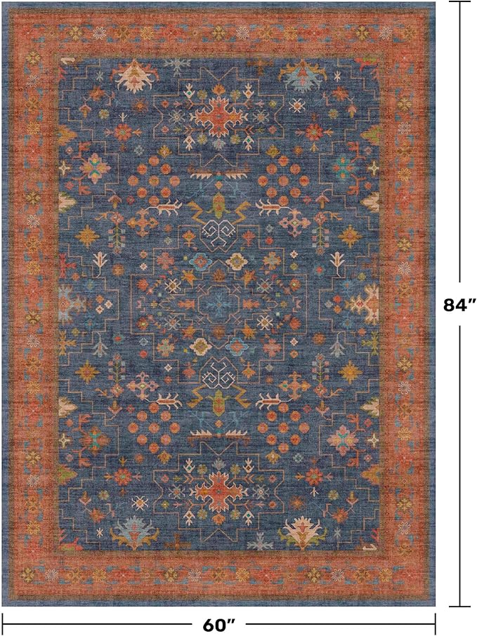 Hazo Haus Navy Blue Area Rug 5x7 Living Room Rug - Machine Washable Rugs for Bedroom, Dining Room, Kitchen Floor, Small Office, Low Pile Non-Slip Rubber Backing & Stain Resistance