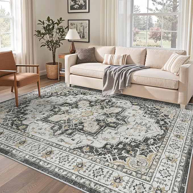 Madane 6x9 Area Rugs for Living Room, Soft Vintage Washable Rug, Black | Stain Resistant Floor Carpet With Non-Slip Backing For Bedroom, Dining Bedroom And Office, Low-Pile Home Decor Mat