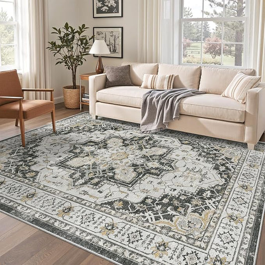 Madane 5x7 Area Rugs for Living Room, Non-Slip Washable Rug, Black | Ultra-Thin Stain Resistant Vintage Large 5'X7' Carpet, Soft Low Pile Floor Mat For Bedroom Dining Room Office Home Decor