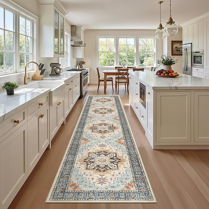 Madane Washable Runner Rugs 2x10 Long for Hallway Kitchen, Orange/Blue | Non-Slip Low-Pile 10ft Rug Runners Soft, Stain-Resistant Floor Carpet Mat for Entrance, Living Dining Laundry Room, Stair