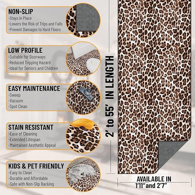 Ottomanson Aisle Runner Rug 2'7" x 18' – Soft Non-Slip Rug, Low Pile Carpet for Hallways, Events, Churches & Extra-Long Indoor Spaces, Leopard Print Brown