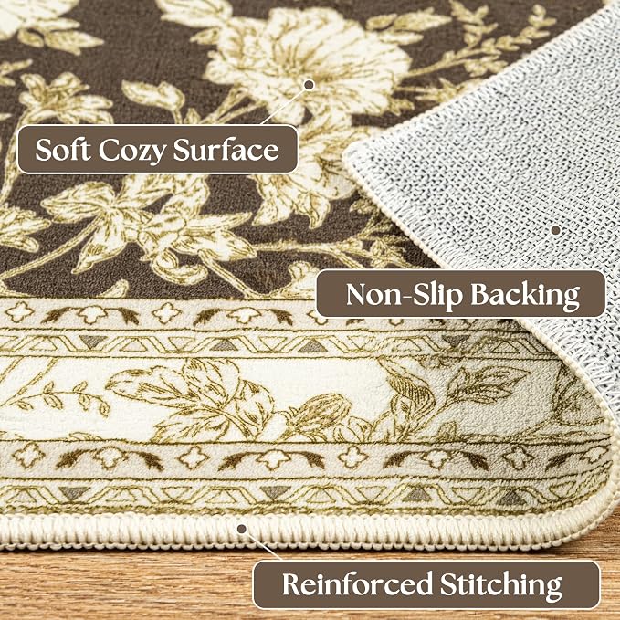 Brown Floral Rug 5x7 Machine Washable Area Rug for Living Room Vintage Boho Farmhouse Low Pile Distressed Carpet for Dining Room, Bedroom Indoor Non-Slip Brown Beige Taupe Flower Design Home Decor
