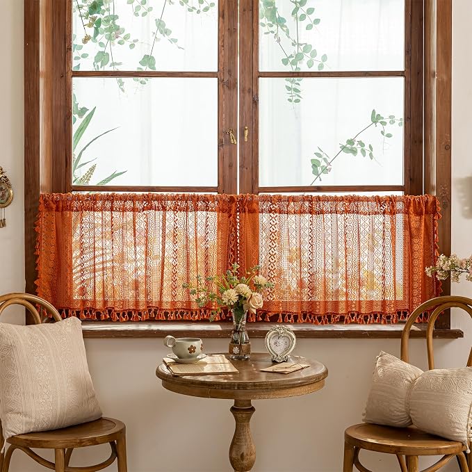 Sutuo Home Terracotta Boho Short Curtains for Kitchen Window Curtains Over Sink, Burnt Orange Crochet Privacy Farmhouse Lace Sheer Vintage Tassels Retro Halloween Rod Pocket,2 Panels 50" W x 18" L