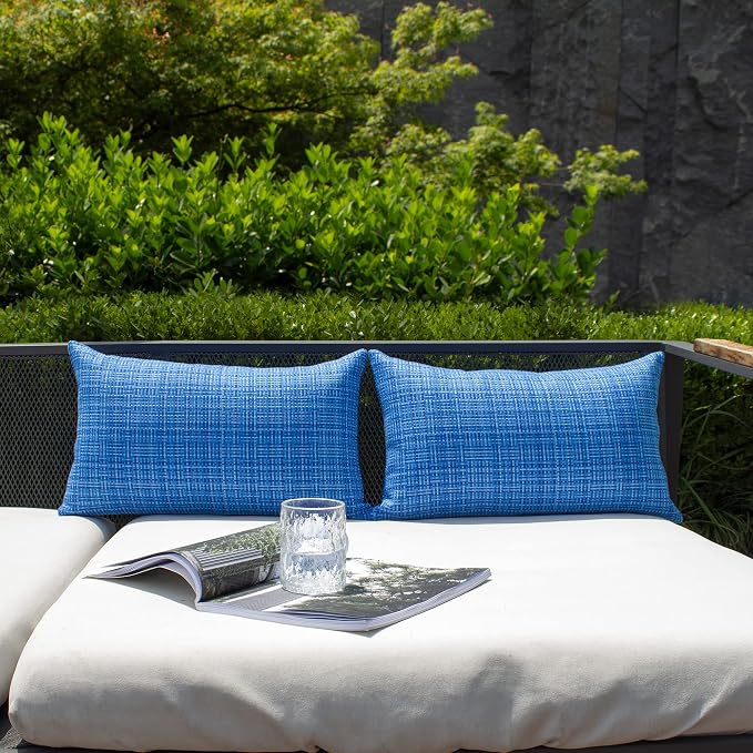 Kevin Textile Pack of 2 Decorative Outdoor Waterproof Throw Pillow Covers Lumbar Pillowcases Modern Cushion Cases for Patio Couch Bench 12 x 20 Inch Blue