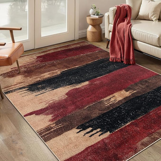 Ciicool Abstract Area Rug Indoor, 3x5 Washable Entryway Rug, Modern Soft Throw Entry Rug with Non-Slip Backing for Bedroom Living Room Entrance Kitchen, Low-Pile Floor Carpet Doormat Red Black