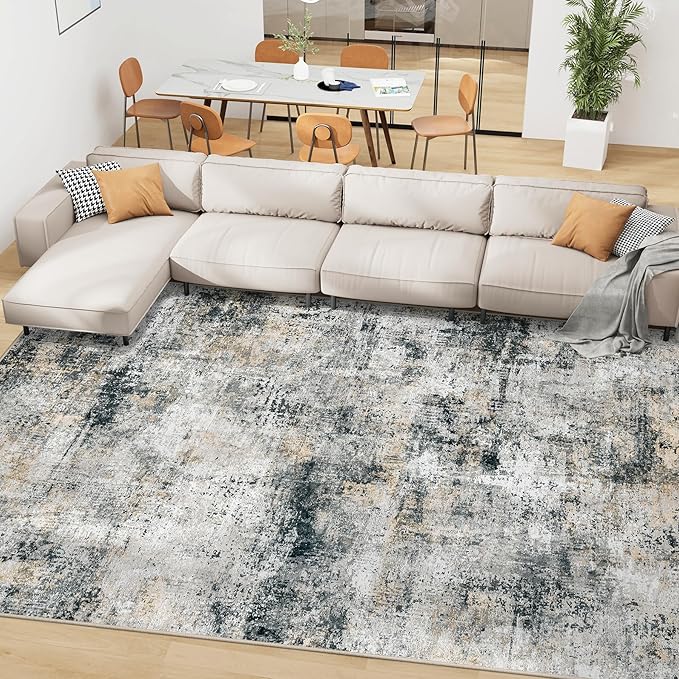 Area Rug Living Room Rugs: 5x7 Washable Rug with Anti-Slip Backing Non-Shedding Stain-Resistant Foldable Modern Abstract Carpet for Bedroom Dining Room Nursery Hallway Home Office Black Grey Brown