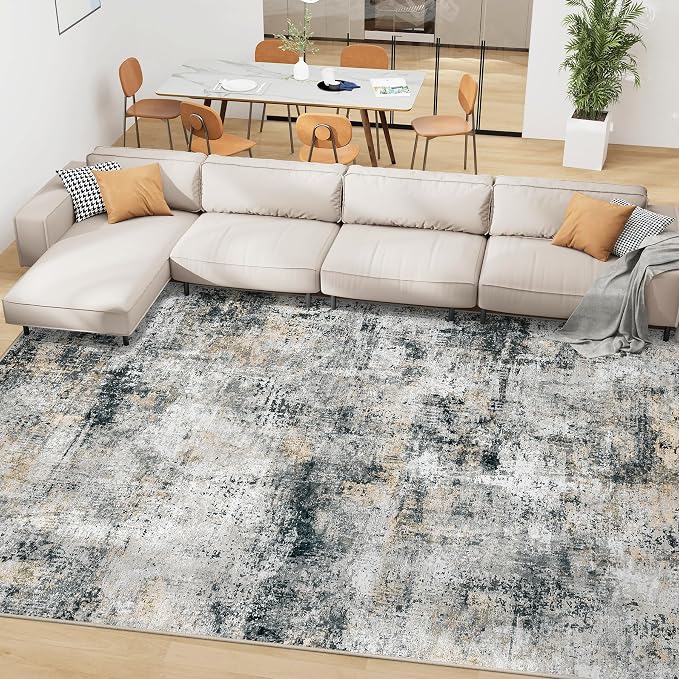 9x12 Area Rugs Living Room Rugs: Large Washable Rug with Anti-Slip Backing Non-Shedding Stain-Resistant Soft Abstract Carpet for Bedroom Dining Room Nursery Hallway Indoor Home Office Black Grey Brown