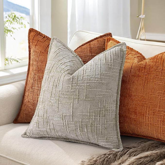 decorUhome Chenille Fall Throw Pillow Covers 20X20 Set of 2, Soft Textured Slubby Modern Decorative Pillow Covers with Elegant Design for Couch, Sofa, Living Room, Burnt Orange