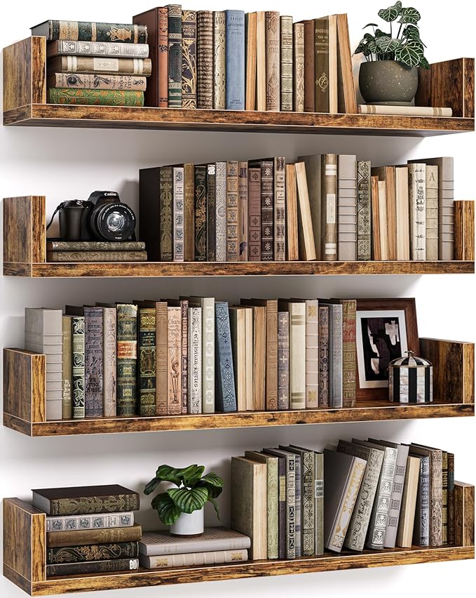 Floating Bookshelves for Wall - Wall Mounted Bookshelf Set of 4, U-Shaped Hanging Bookshelf for Bedroom, Living Room & Office, Wall Book Shelf for Home Decor & Storage (4, Rustic Brown, 23.63 Inches)