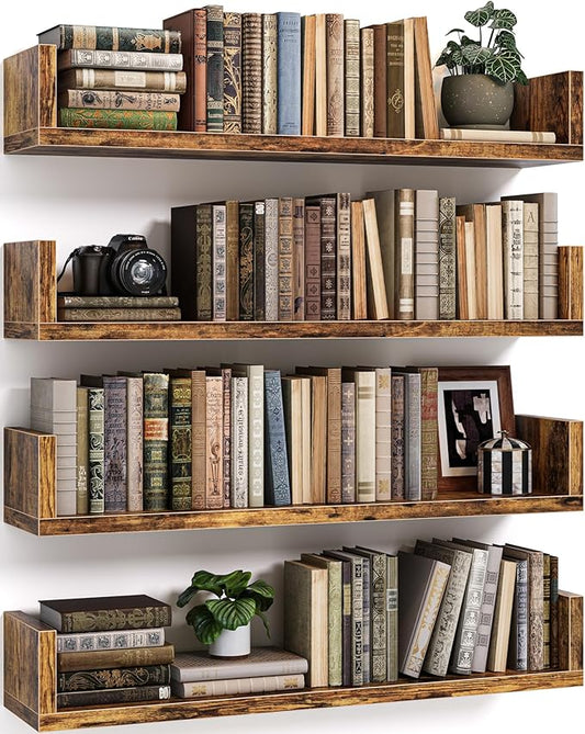 Floating Bookshelves for Wall - Wall Mounted Bookshelf Set of 4, U-Shaped Hanging Bookshelf for Bedroom, Living Room & Office, Wall Book Shelf for Home Decor & Storage (4, Rustic Brown, 23.63 Inches)