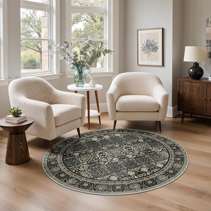 Bavni Round Rug 5FT-Machine Washable Area Rugs Non-Slip for Bedroom, 5x5 Vintage Floral Rug Distressed Throw Carpet for Living Room Nursery Kitchen Bathroom, Black