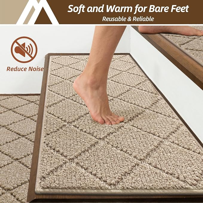 COSY HOMEER Stair Treads for Wooden Steps 11"x30" Washable Indoor Carpet Stair Treads Non Slip Soft Polyester Stair Carpet Tread Reusable Stair Runner Rugs for Kids, Elders,Pets,Beige,15pcs