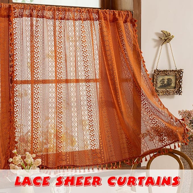 Sutuo Home Terracotta Boho Lace Vintage Curtains 45 Inches 2 Panels for Kitchen Cafe, Orange Small Window Curtains Semi Sheer Crochet Country Tassels Bohemian Drape Privacy Cottage Rod Pocket, 50" W